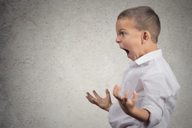 Closeup Headshot side view Portrait Angry Child Screaming, fists up in air isolated grey wall background. Negative Human face Expressions, Emotion, Reaction, Perception. Conflict confrontation concept